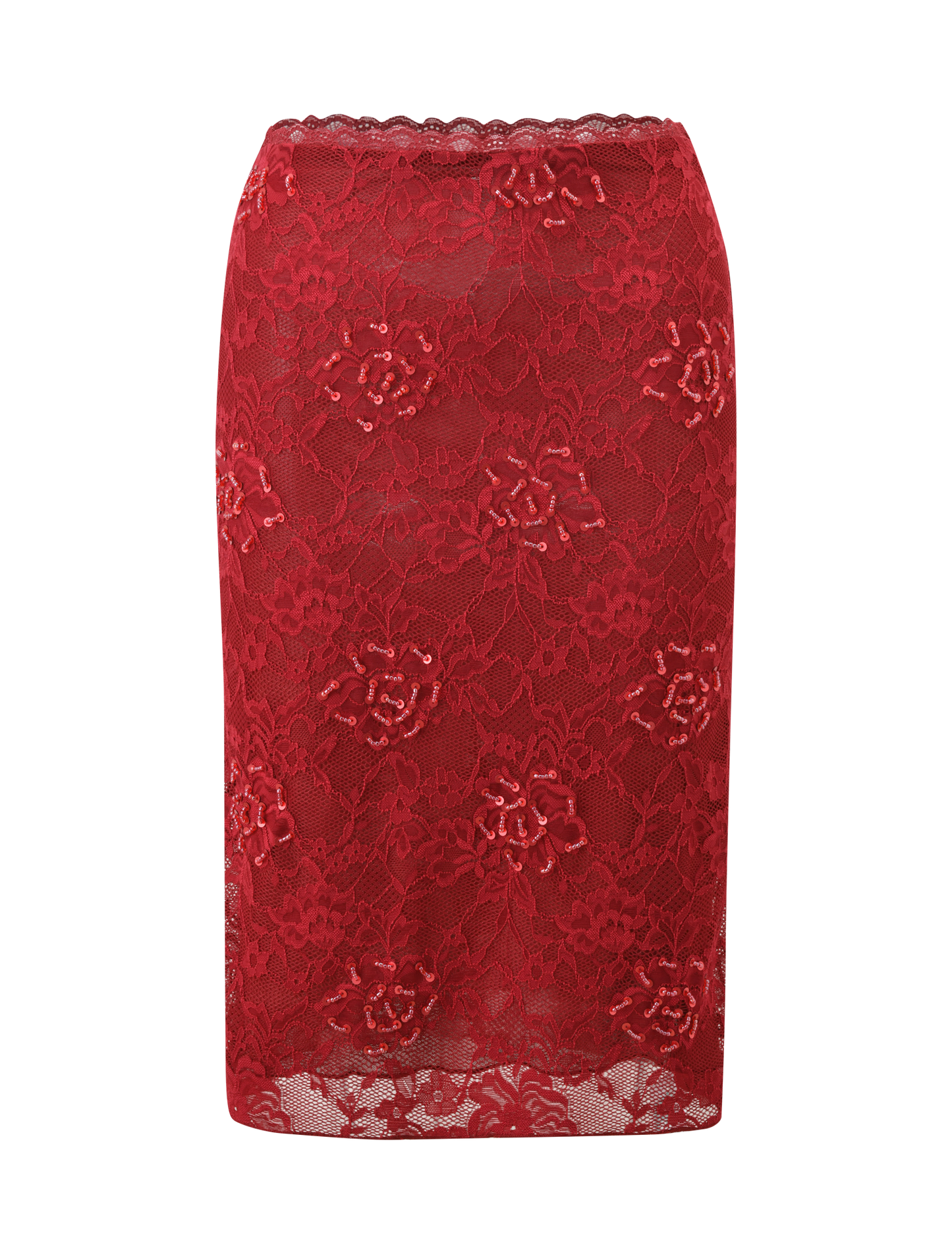 KIRRA BEADED SEQUIN LACE MIDI SKIRT - RED