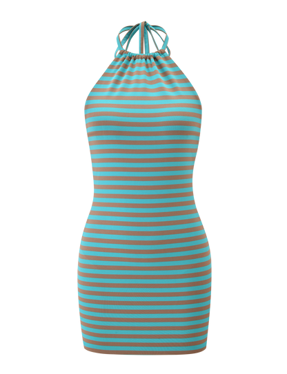 DILLON DRESS 2.0 - MUSHROOM AQUA STRIPE