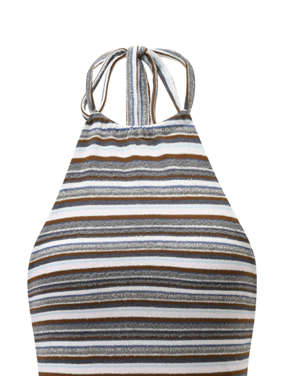 DILLON HALTER TOP - BLUE AND BROWN STRIPE
