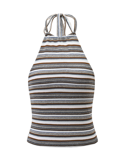 DILLON HALTER TOP - BLUE AND BROWN STRIPE