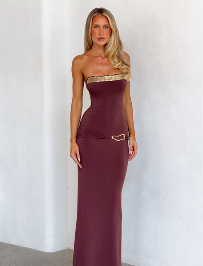 EOS SEQUIN TUBE MAXI DRESS - CINNAMON CHOCOLATE