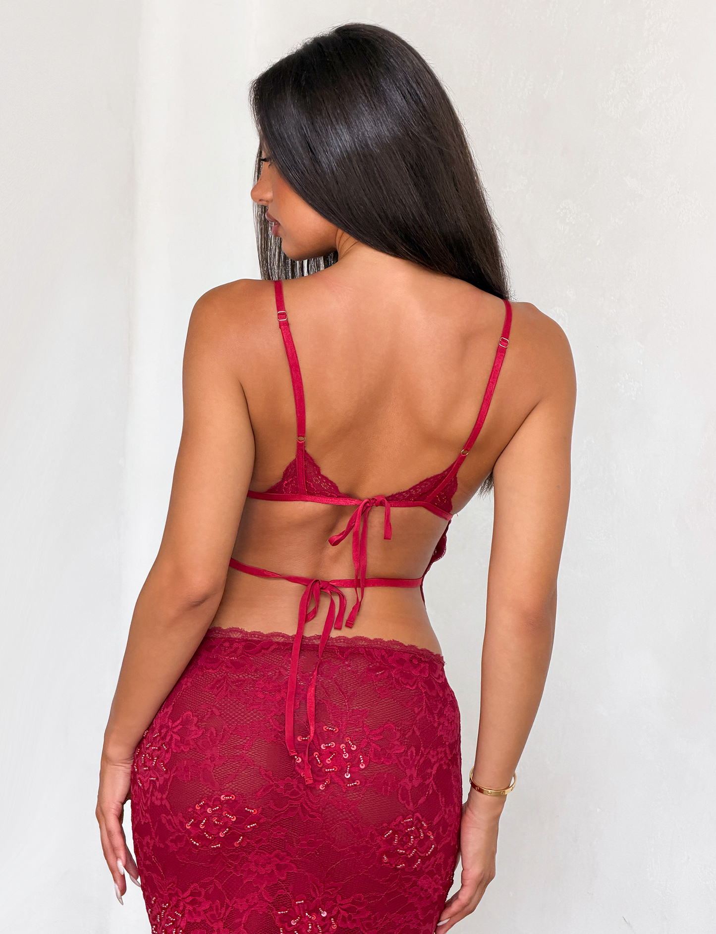 KIRRA BEADED SEQUIN LACE MIDI SKIRT - RED