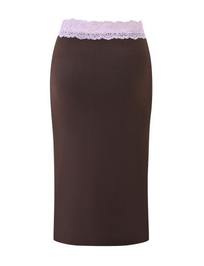 PARISA LACE TRIM MIDI SKIRT - BROWN AND LILAC