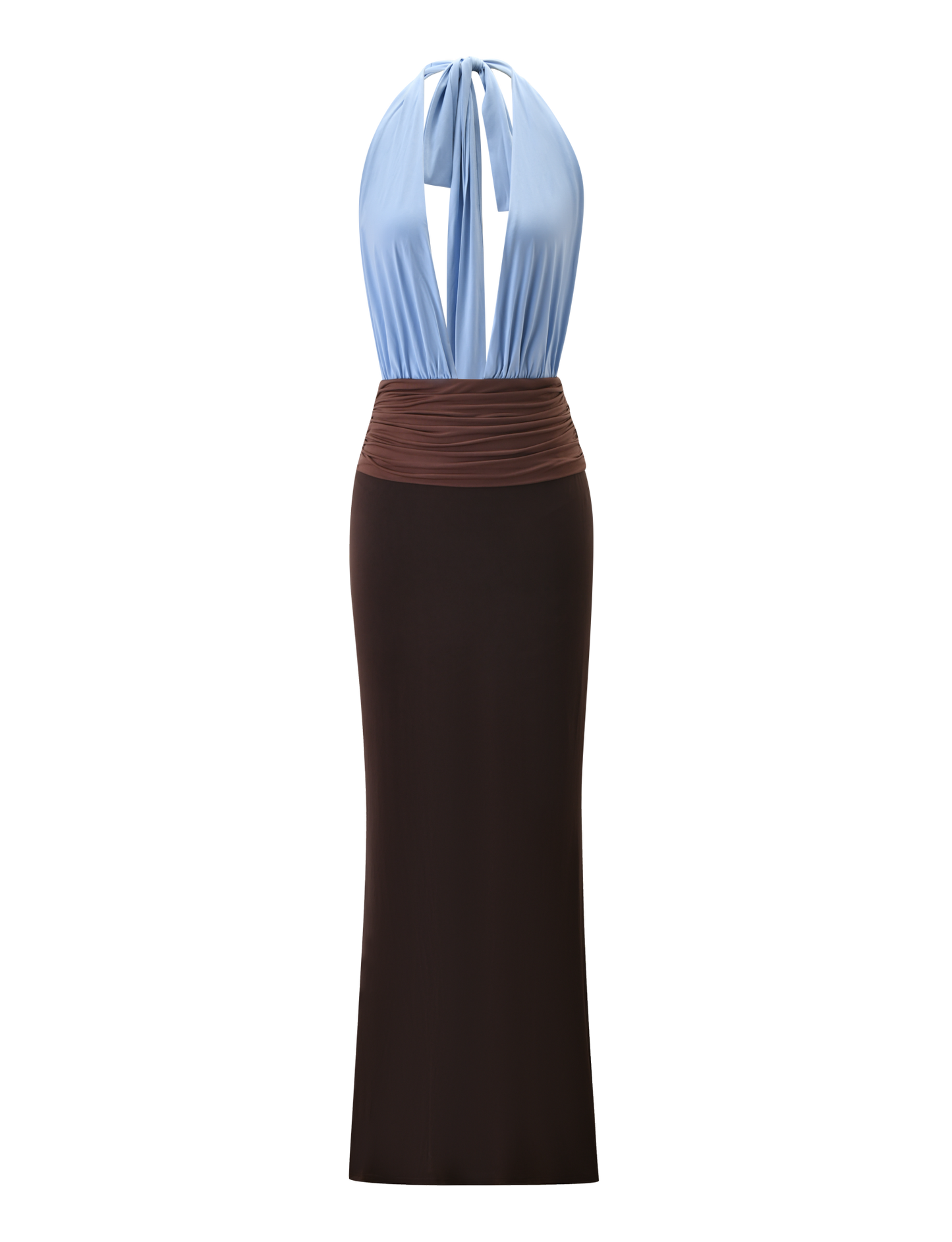 JENNI PLUNGE MAXI DRESS -  BLUE AND BROWN