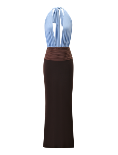 JENNI PLUNGE MAXI DRESS -  BLUE AND BROWN