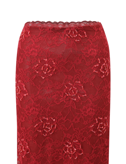 KIRRA BEADED SEQUIN LACE MIDI SKIRT - RED