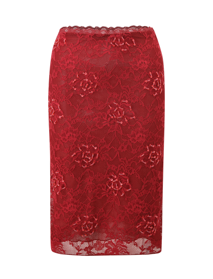 KIRRA BEADED SEQUIN LACE MIDI SKIRT - RED