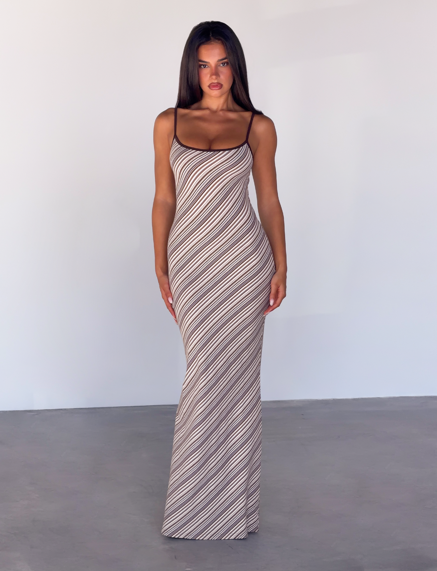 SLOANE MAXI DRESS - TAN AND CHOC STRIPE