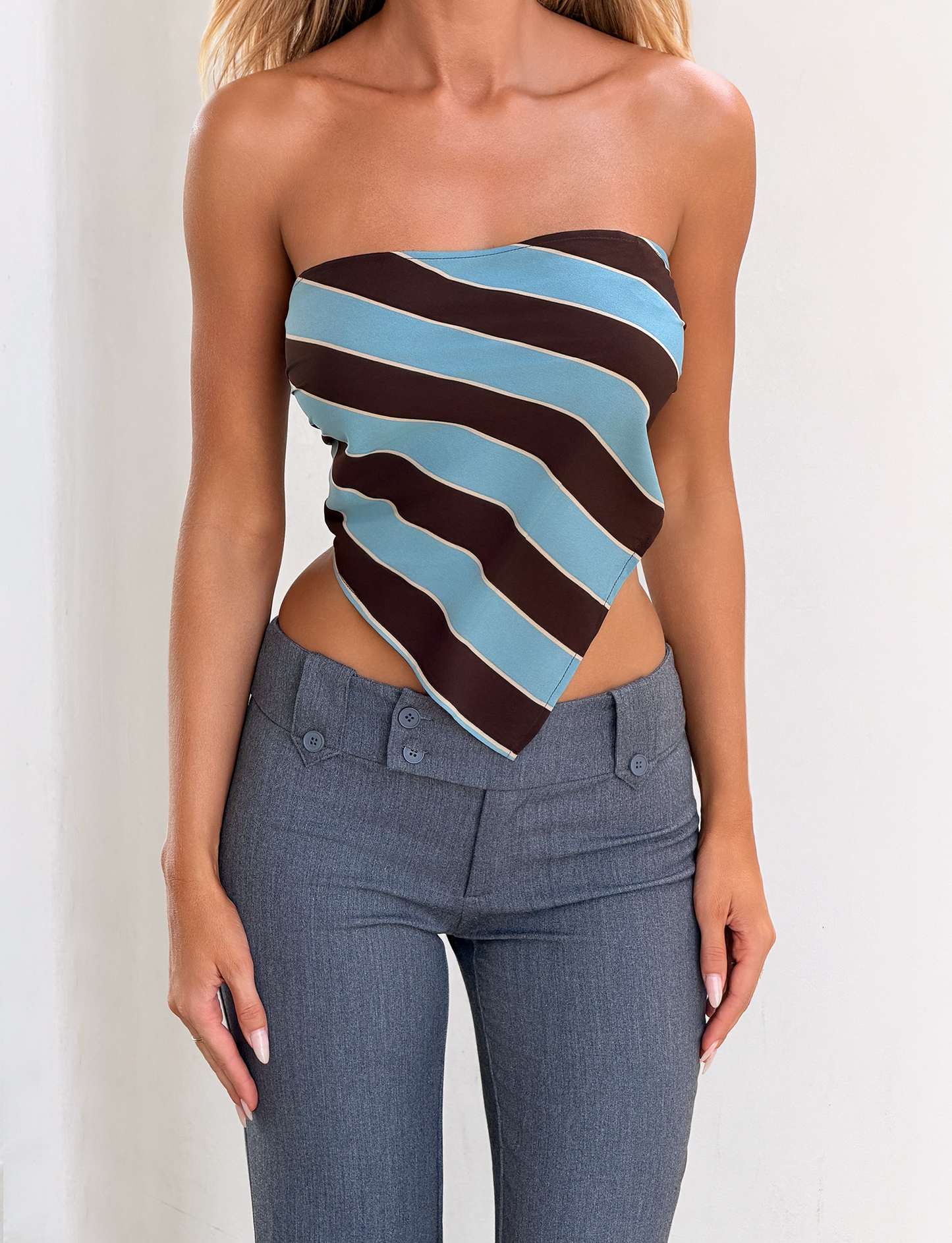 LENIN SCARF TOP - BLUE AND BROWN STRIPE
